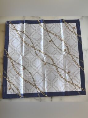 Trussardi Luxury Cotton Navy Blue Gold Chains Scarf Handkerchief 20.75x20.5